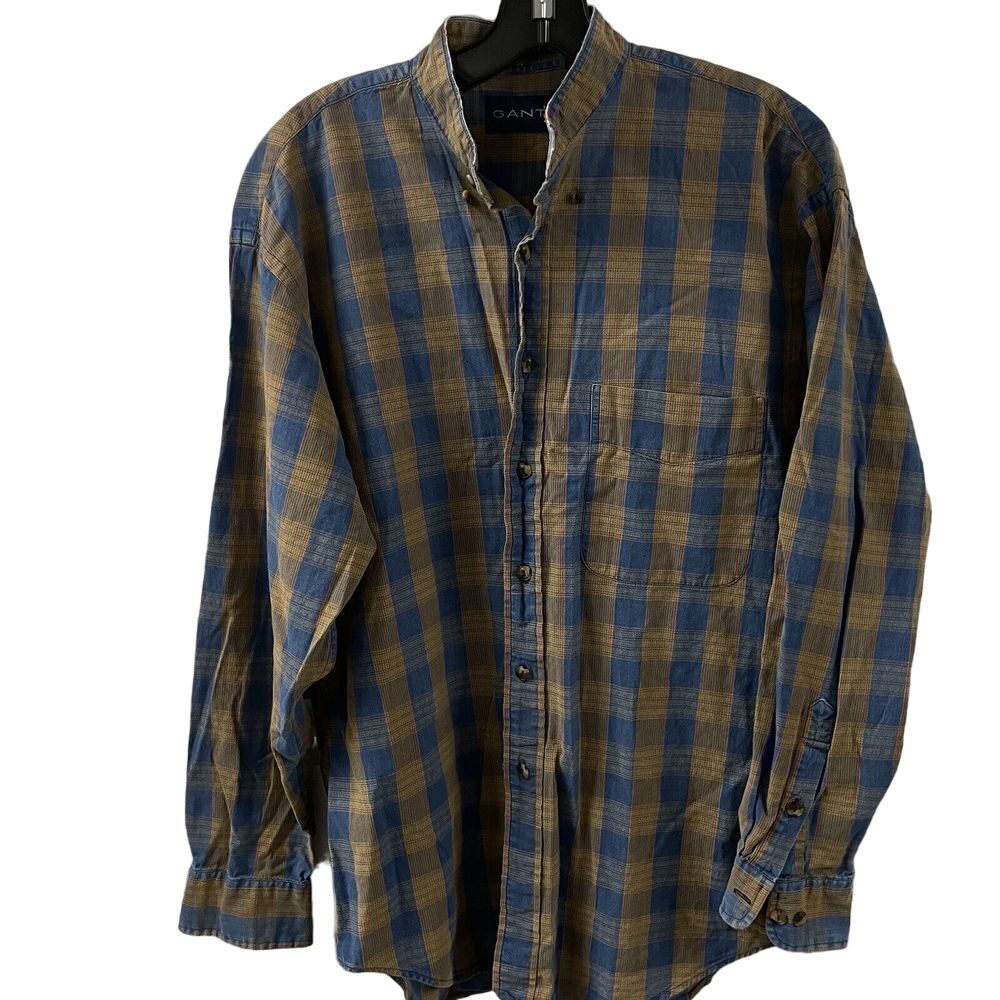 Vintage Gant Plaid‎ Button Up Shirt Mens M Long Sleeve Blue Beige Front Pocket